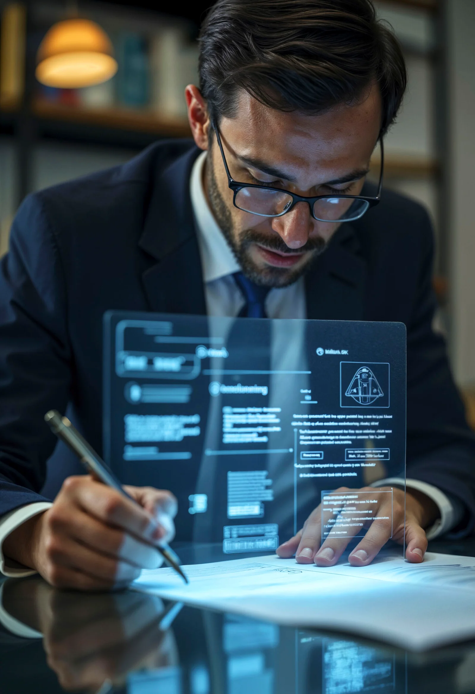 Professional reviewing documents with digital interface overlay